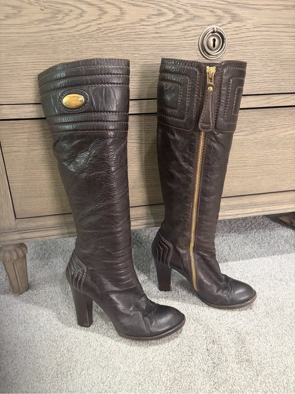 Chloe Tall Leather Boots with Gold Accents, Side Zip, Brown Designer 38.5/US 8.5